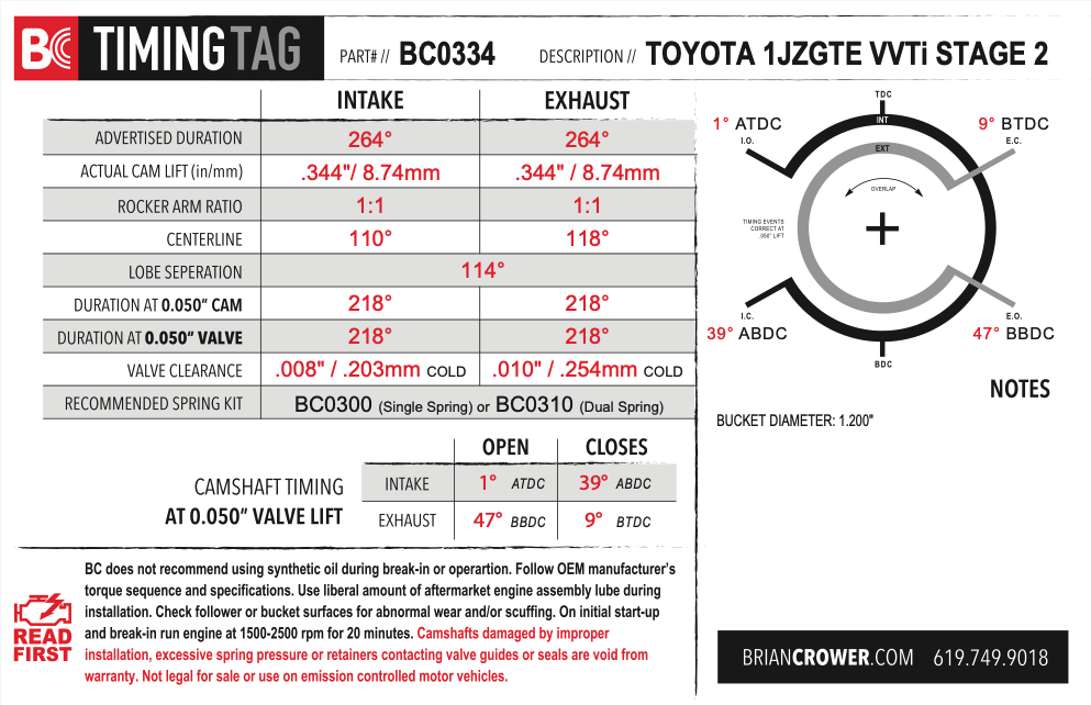 Brian Crower Toyota 1JZGTE w/ VVTi Camshafts - Stage 2 - 264 Spec