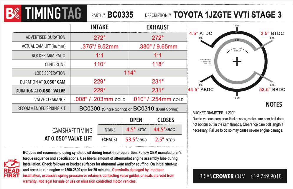 Brian Crower Toyota 1JZGTE w/ VVTi Camshafts - Stage 3 - 272 Spec