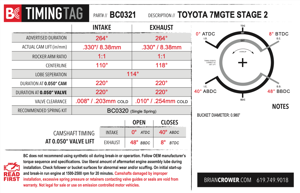 Brian Crower Toyota 7MGTE/7MGE Camshafts - Stage 2 - 264 Spec