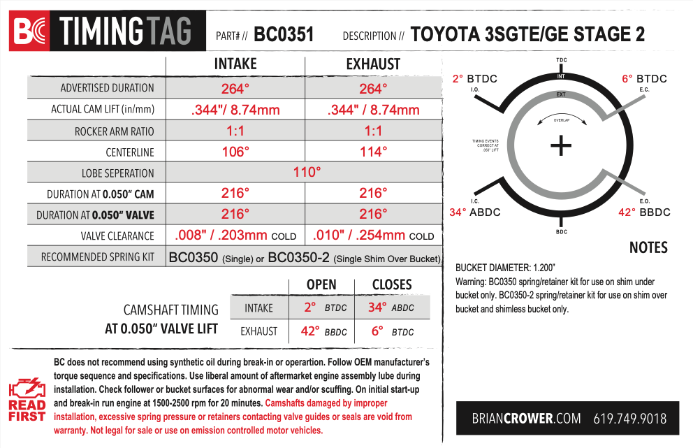 Brian Crower Toyota 3SGE/3SGTE Camshafts - Stage 2 - 264 Spec
