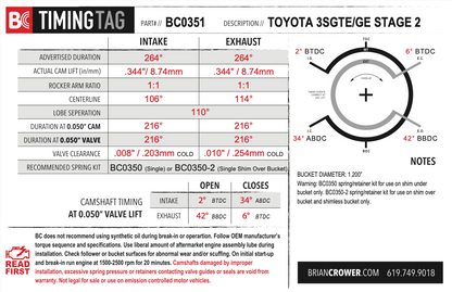 Brian Crower Toyota 3SGE/3SGTE Camshafts - Stage 2 - 264 Spec