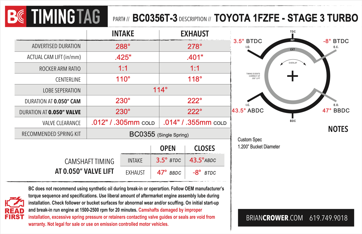 Brian Crower Toyota 1FZFE Camshafts - Forced Induction Stage 3