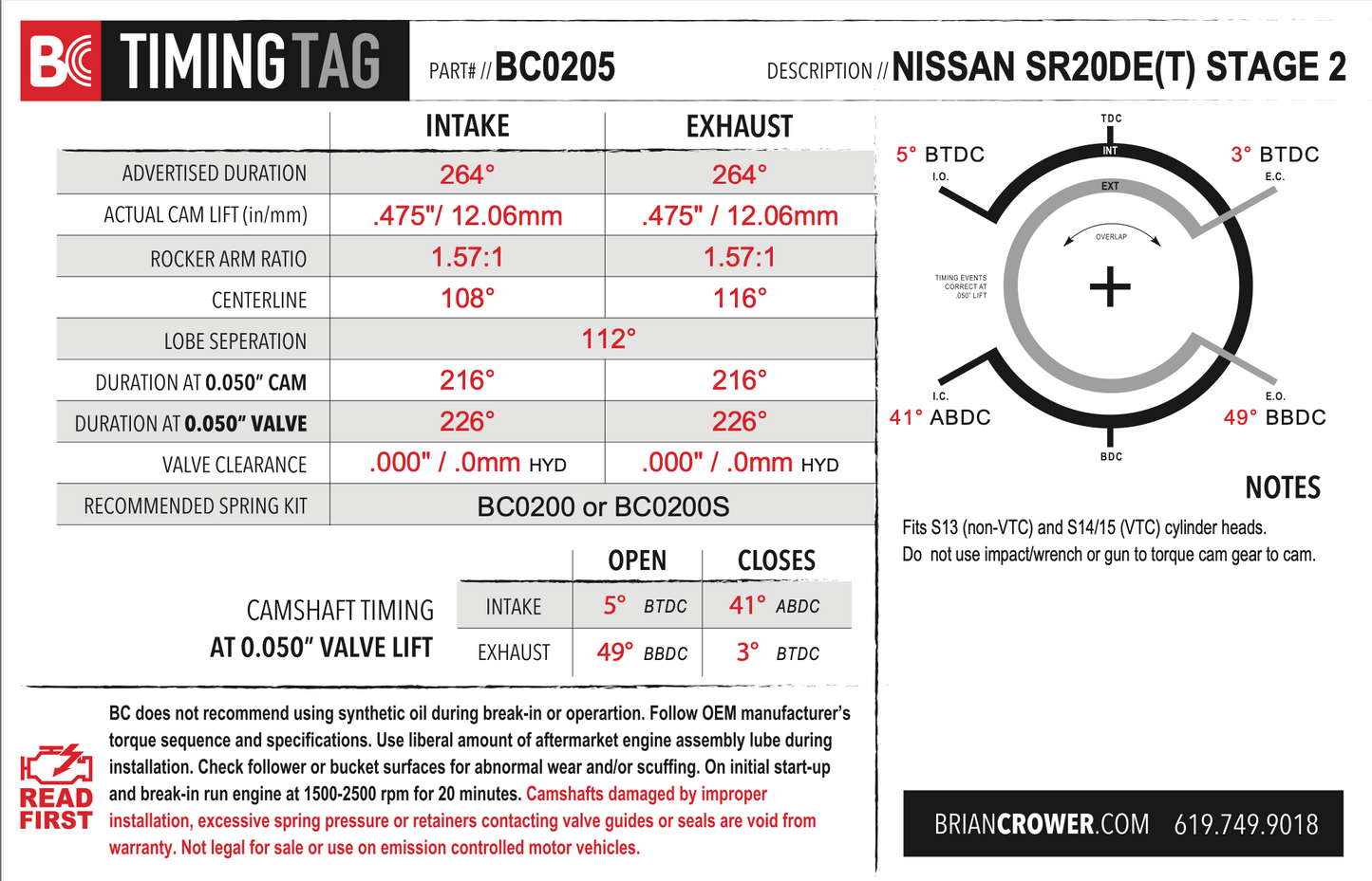 Brian Crower Nissan SR20DET Camshafts - Stage 2 - 264 Spec *VTC Int Cam [S13/14/15] standard Exh Cam