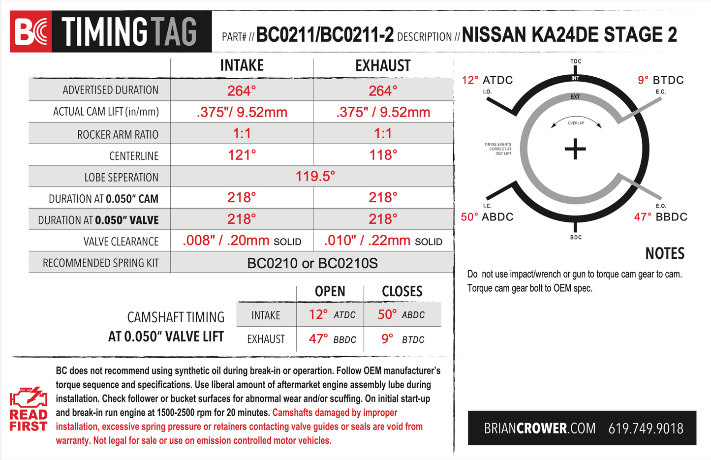 Brian Crower Nissan KA24DE RWD (Minor Modification) Camshafts - Stage 2