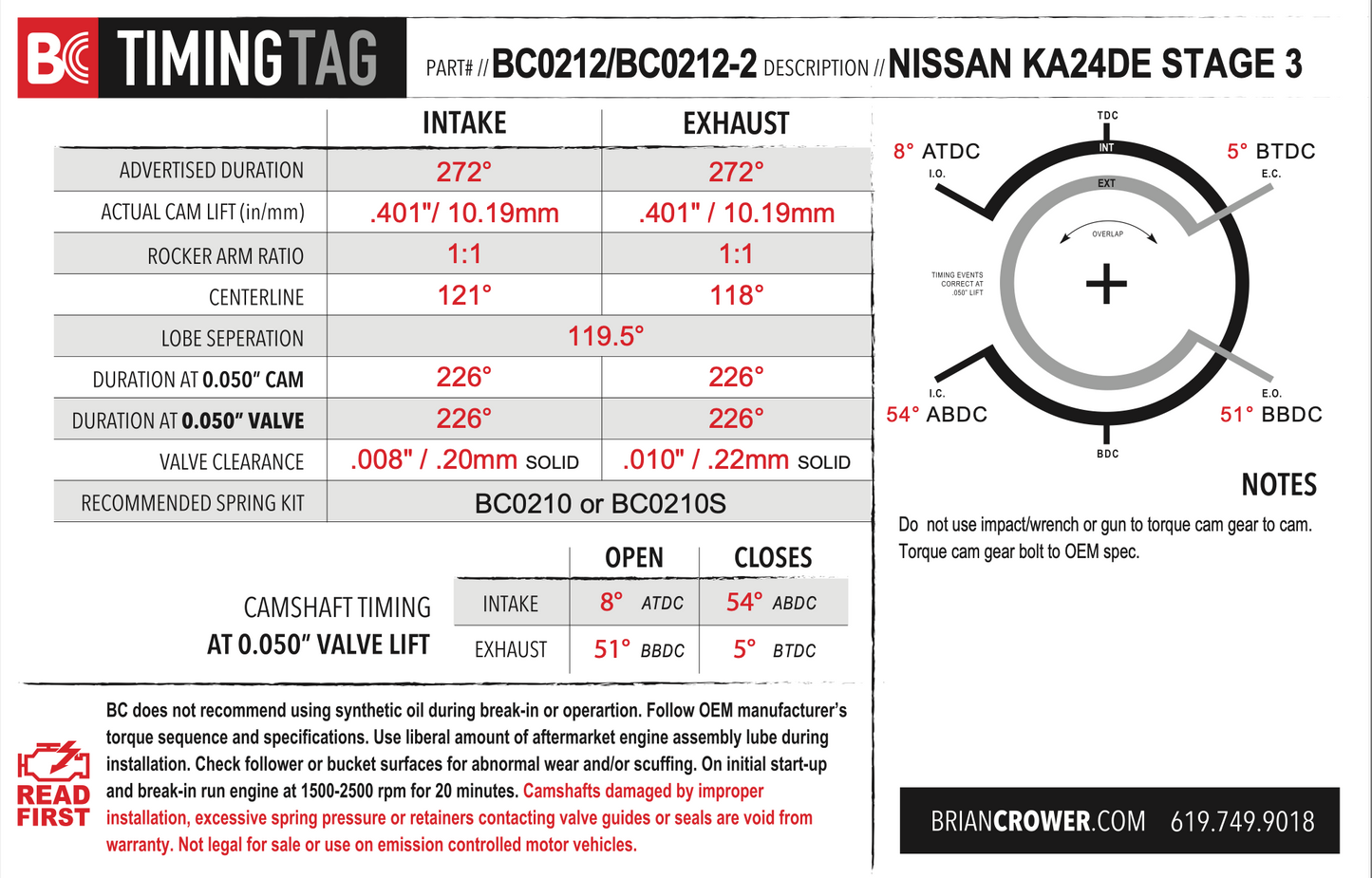 Brian Crower Nissan KA24DE FWD & RWD (Minor Modification) Camshafts - Stage 3