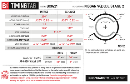 Brian Crower Nissan VQ35DE (2003-2006) Camshafts - Stage 2 - 264 Spec