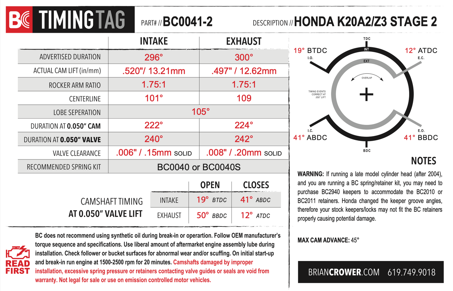 Brian Crower Honda/Acura K20A2/K20A/K24A2/K20Z3 Camshafts - Stage 2 F/I 8620 Steel Billet Material