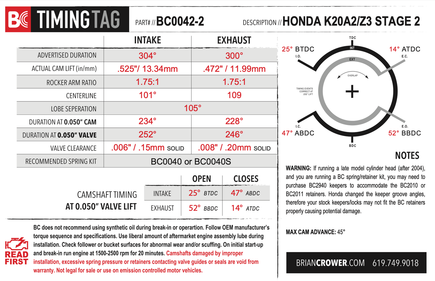 Brian Crower Honda/Acura K20A2/K20A/K24A2/K20Z3 Camshafts - Stage 2 N/A 8620 Steel Billet Material