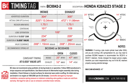 Brian Crower Honda/Acura K20A2/K20A/K24A2/K20Z3 Camshafts - Stage 2 N/A 8620 Steel Billet Material