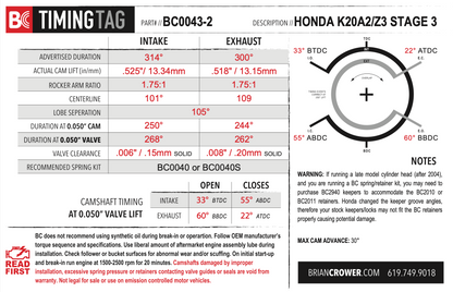 Brian Crower Honda/Acura K20A2/K20A/K24A2/K20Z3 Camshafts - Stage 3 N/A 8620 Steel Billet Material