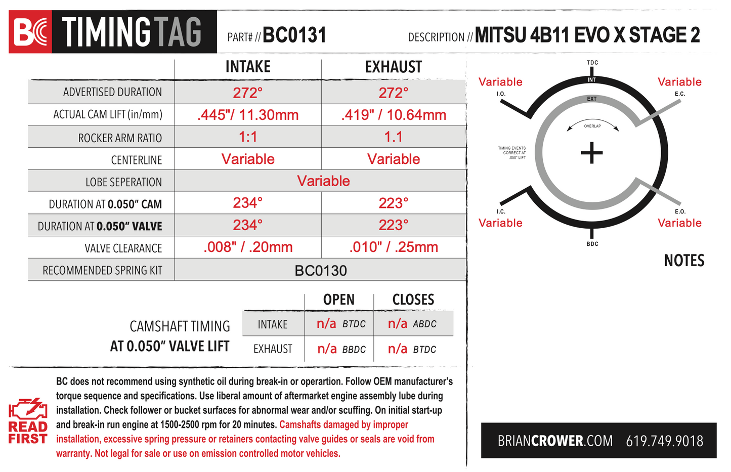 Brian Crower Mitsubishi 4B11T Evolution X Camshafts - Stage 2 - 272 Spec
