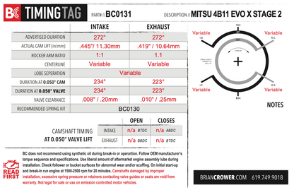 Brian Crower Mitsubishi 4B11T Evolution X Camshafts - Stage 2 - 272 Spec