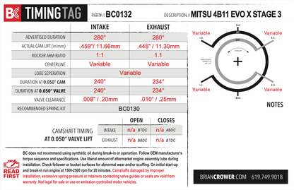 Brian Crower Mitsubishi 4B11T Evolution X Camshafts - Stage 3 - 280 Spec (EXHAUST ONLY)