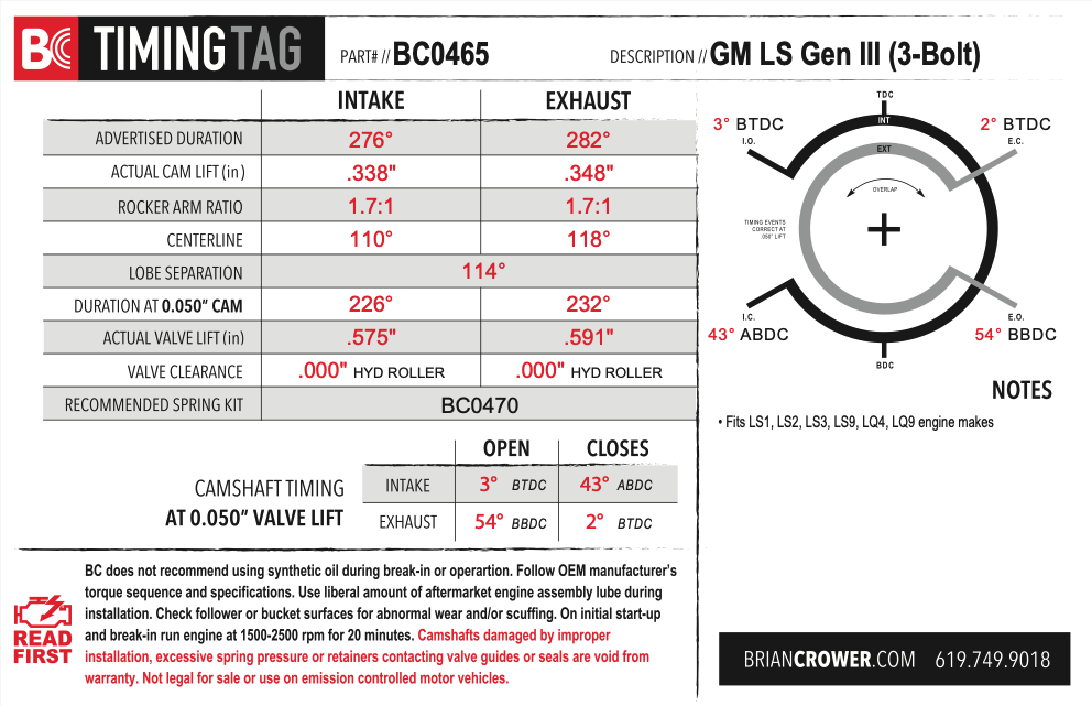 Brain Crower GM LS Gen III/Gen IV Stage 2 Camshaft - 3 Bolt