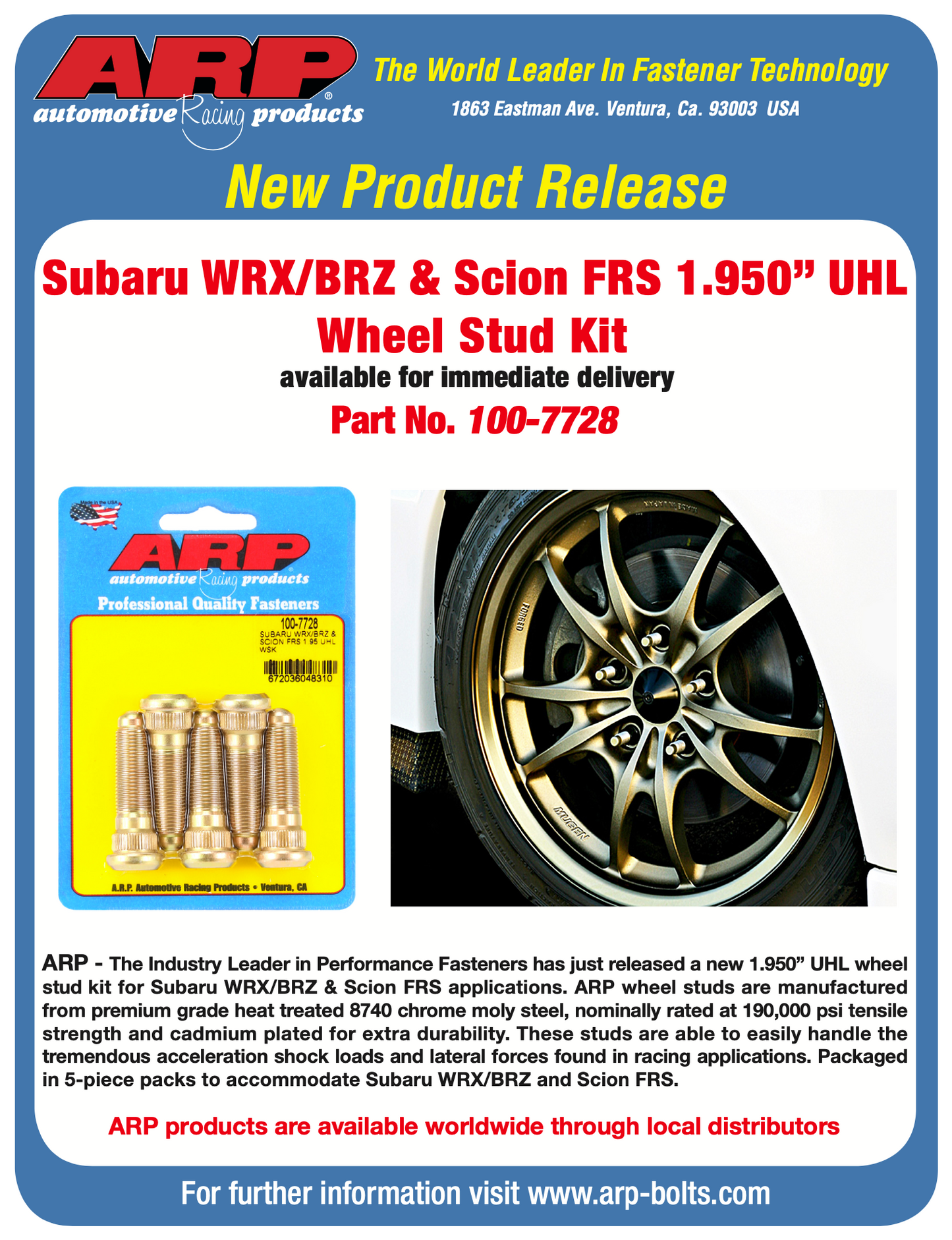 ARP Subaru WRX/BRZ & Scion FRS 1.95 UHL 12mm x 1.25 Wheel Stud Kit (5 Pack)