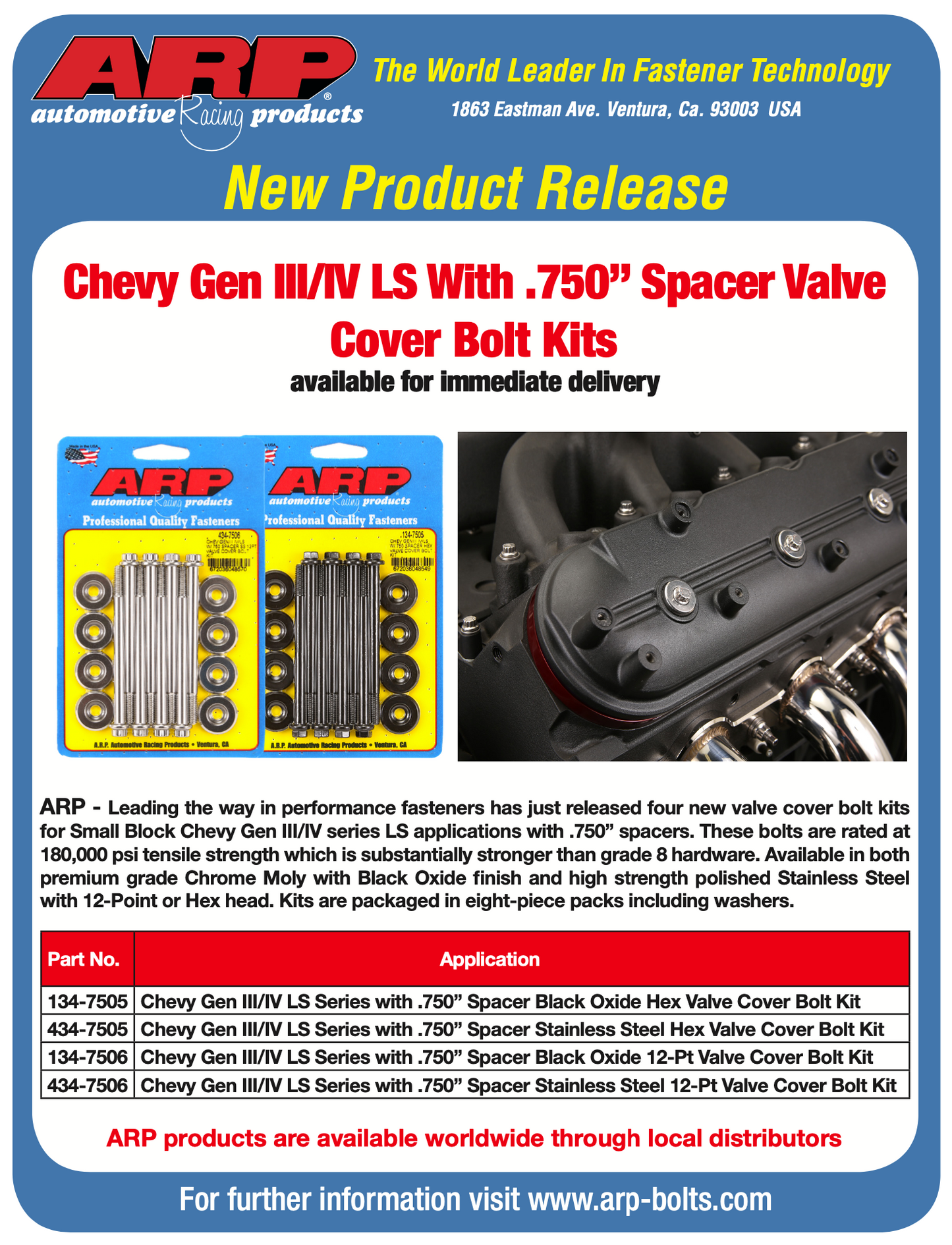 ARP Small Block Chevy GENIII/IV LS Series .750 Spacer 12pt Valve Cover Bolt Kit - Stainless Steel