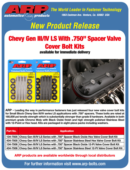 ARP Small Block Chevy GENIII/IV LS Series .750 Spacer 12pt Valve Cover Bolt Kit - Stainless Steel