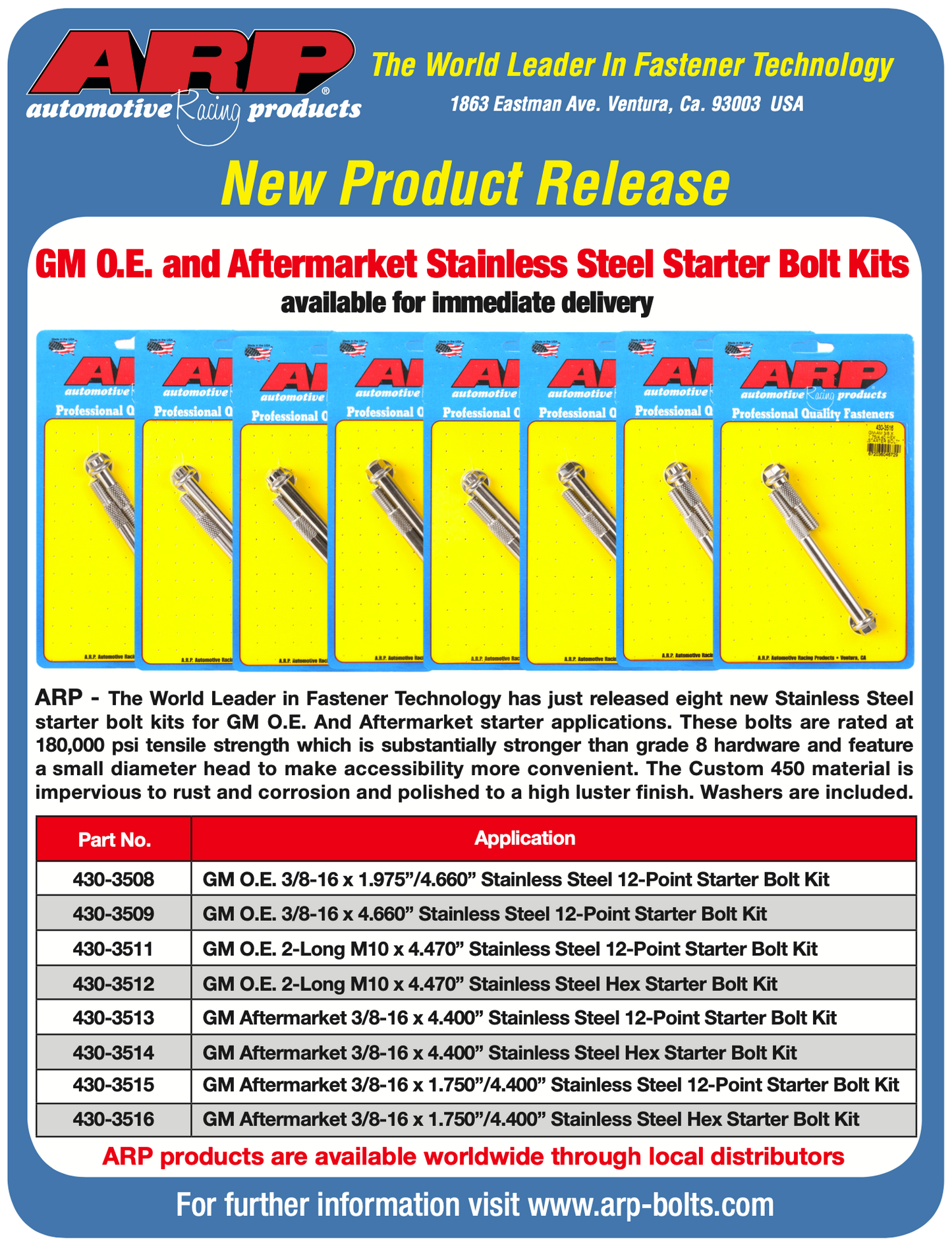 ARP GM M10 X 4.470in Hex SS Starter Bolt Kit