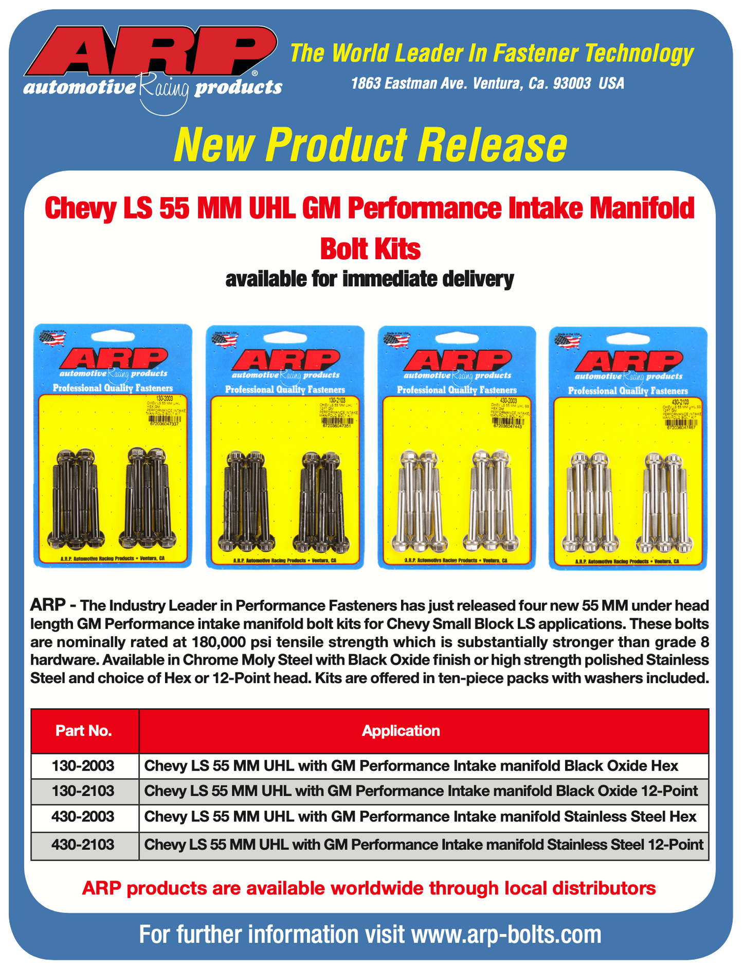 ARP Chevy LS 55mm UHL 12pt GM Performance Intake Manifold Bolt Kit
