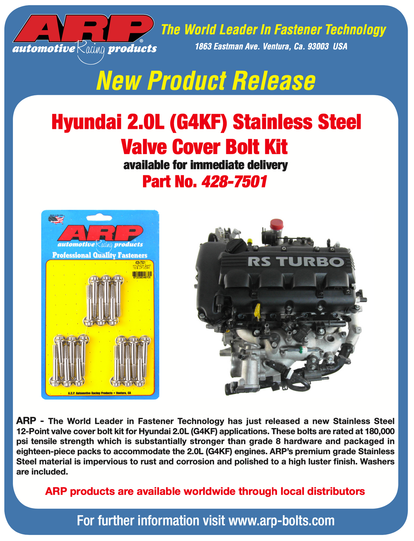ARP Hyundai Genesis G4KF 2L 2010+ Valve Cover Bolt Kit