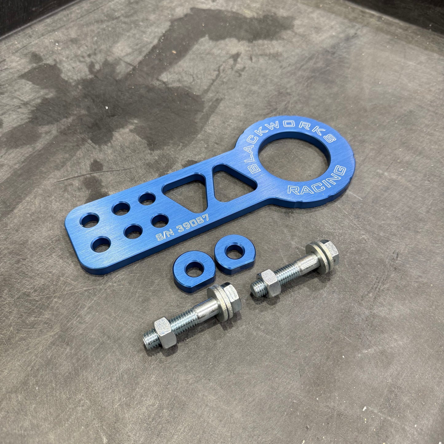 [GARAGE SALE] - BWR Front Tow Hook. Made in USA CNC Billet Aluminium, Comes with bolts and nuts (BLUE)