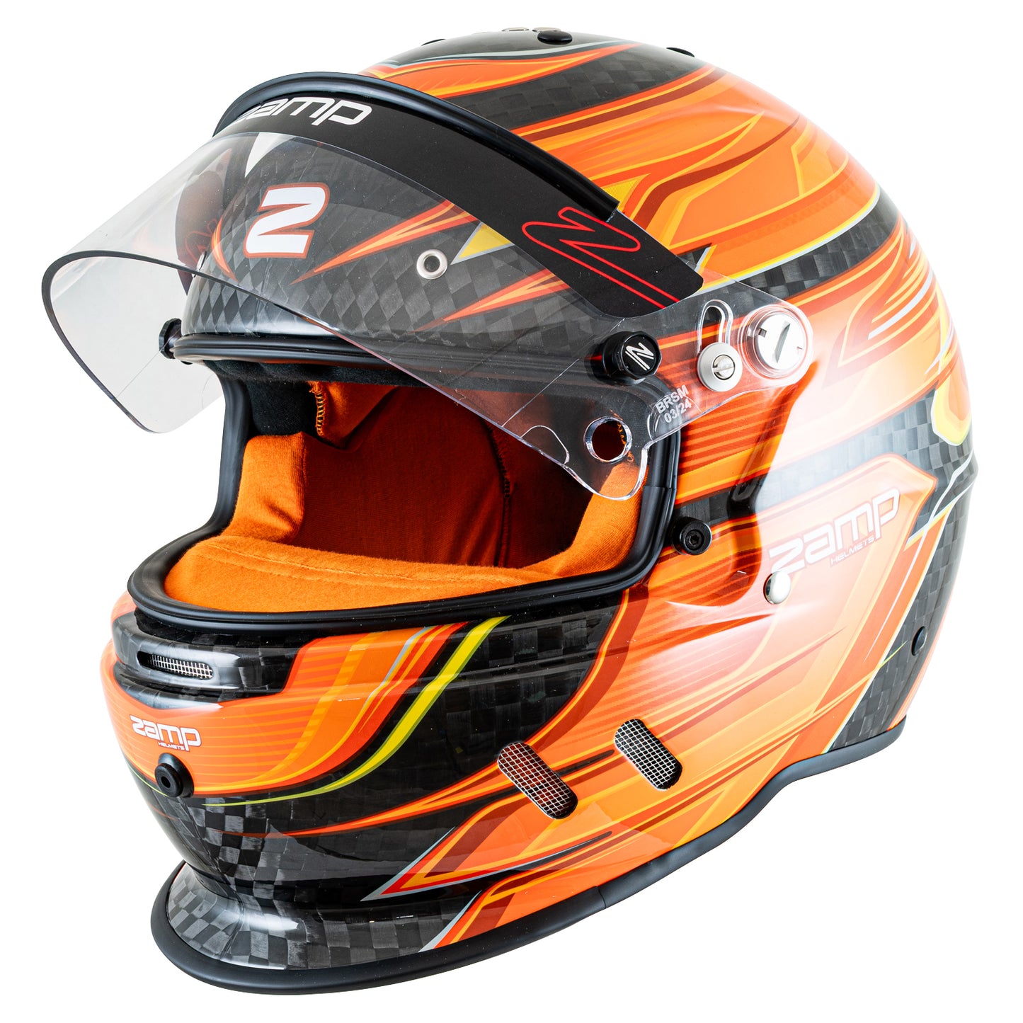 Zamp RZ-67D SNELL SA2025 Carbon Flo Org/Ylw Medium Z-20 Anti-Fog Clear Shield Color Match Series 28 Interior