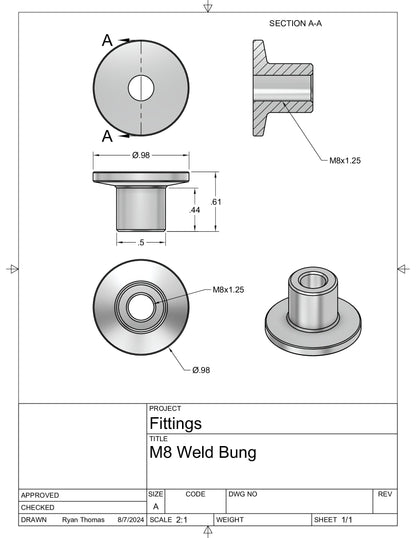 True Focus Fabrication - M8x1.25 Threaded Aluminum Weld Fitting