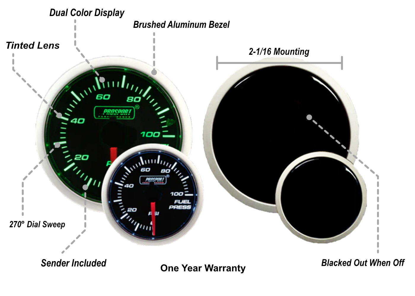 Prosport Gauges - 2-1/16" Green/White Fuel Pressure Gauge