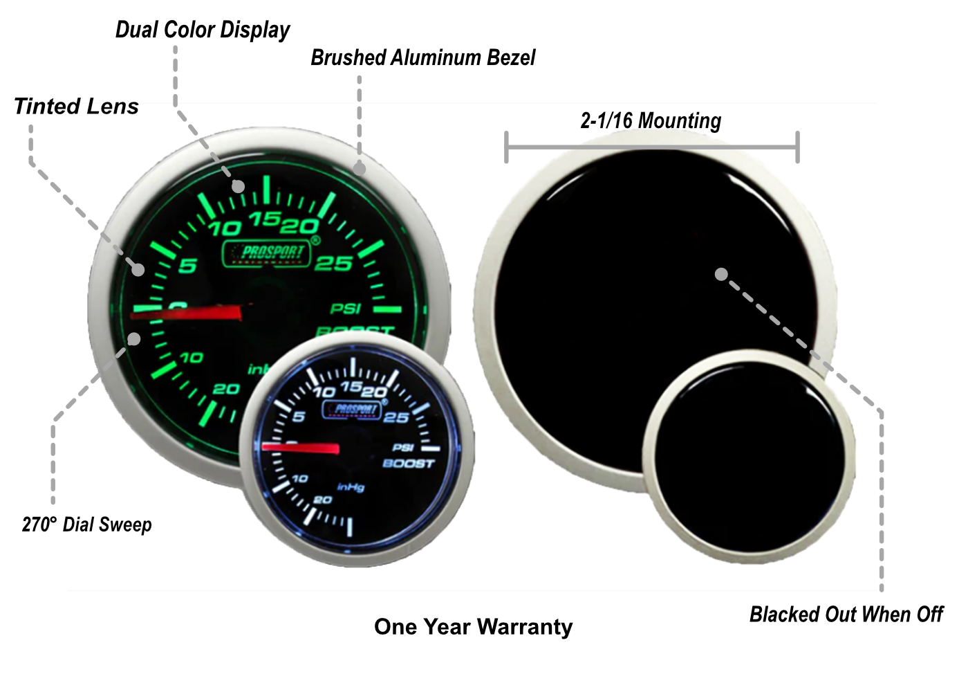 Prosport Gauges - 2-1/16" Green/White Mechanical Boost Gauge
