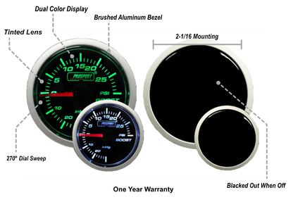 Prosport Gauges - 2-1/16" Green/White Mechanical Boost Gauge
