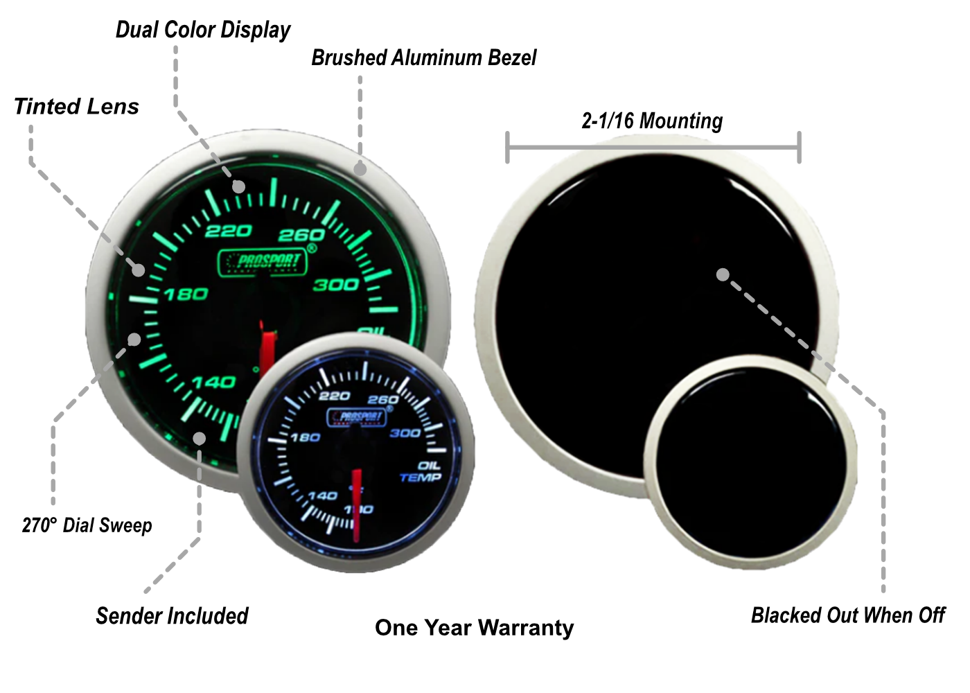 Prosport Gauges - Green/White Oil Temperature Gauge