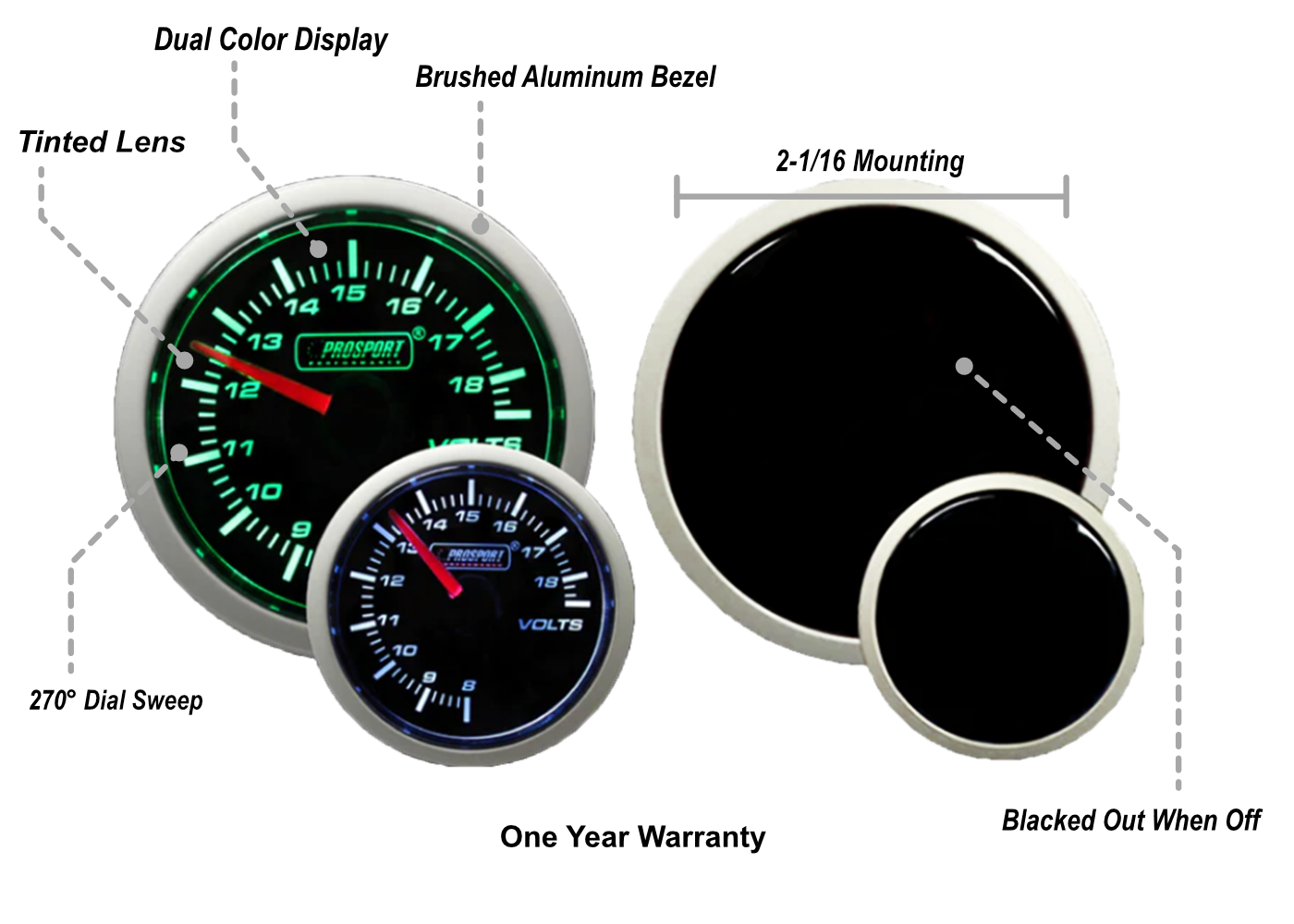 Prosport Gauges - 2-1/16" Green/White Volt Gauge