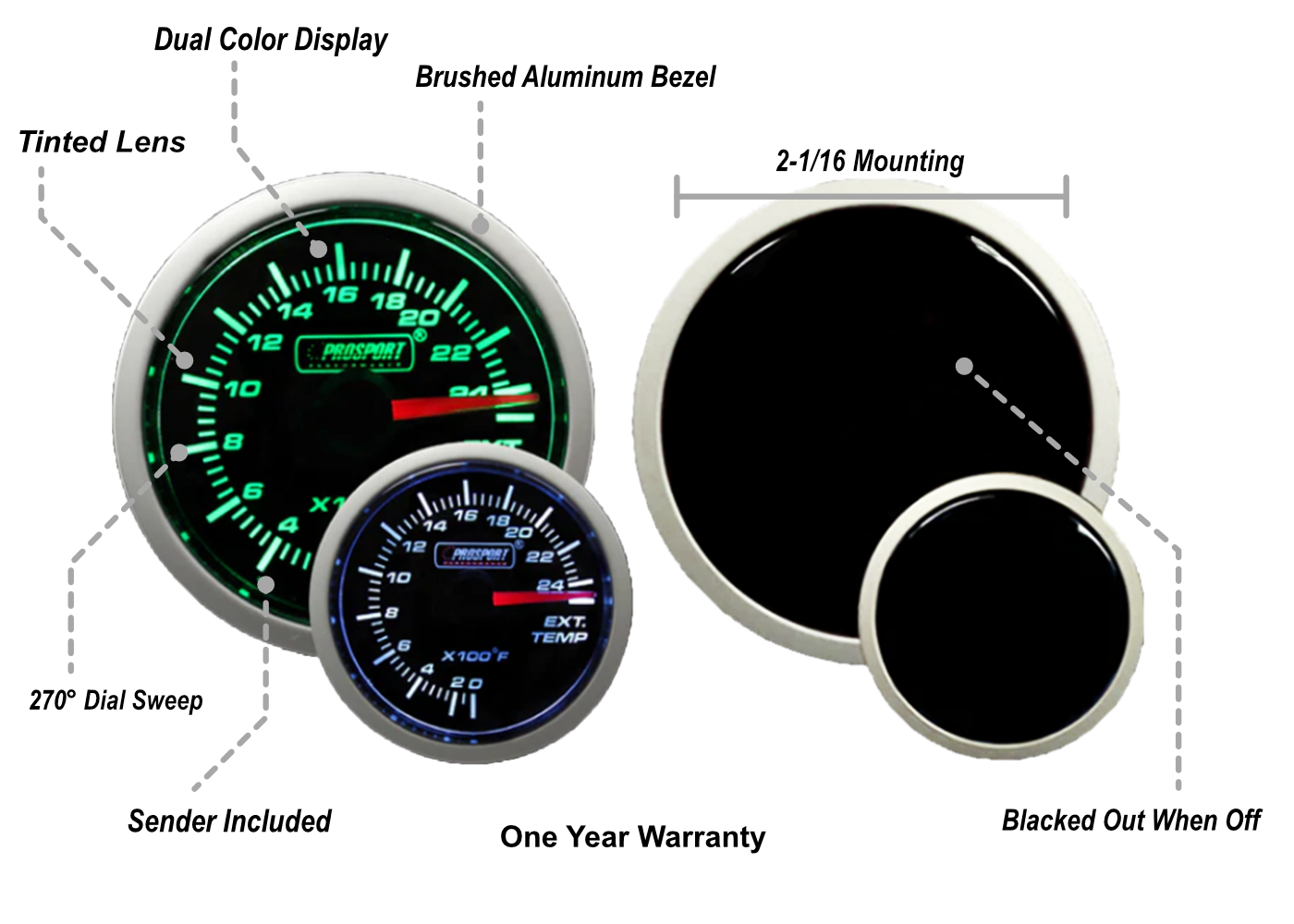 Prosport Gauges - 2-1/16" Green/White Exhaust Gas Temperature Gauge