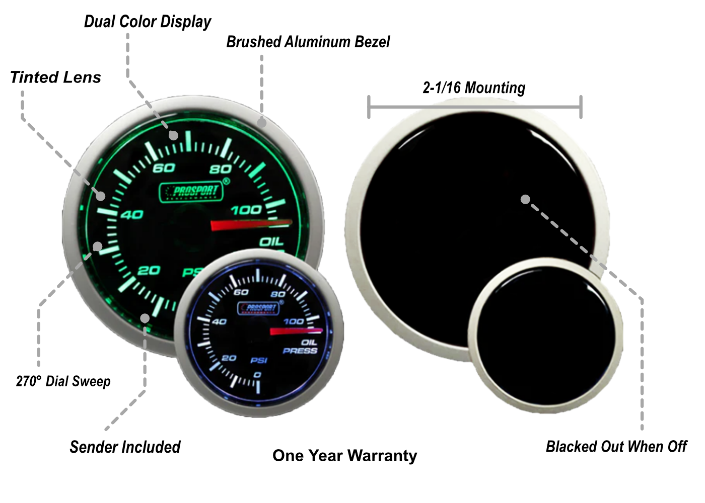 Prosport Gauges - 2-1/16" Green/White Oil Pressure Gauge