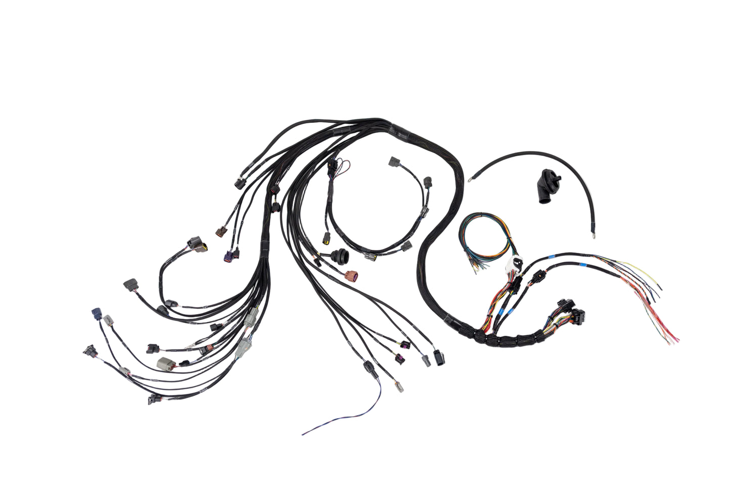 An automotive wiring harness kit with multiple black-wrapped cables, various connector types, and small black plastic components, laid out on a white background.