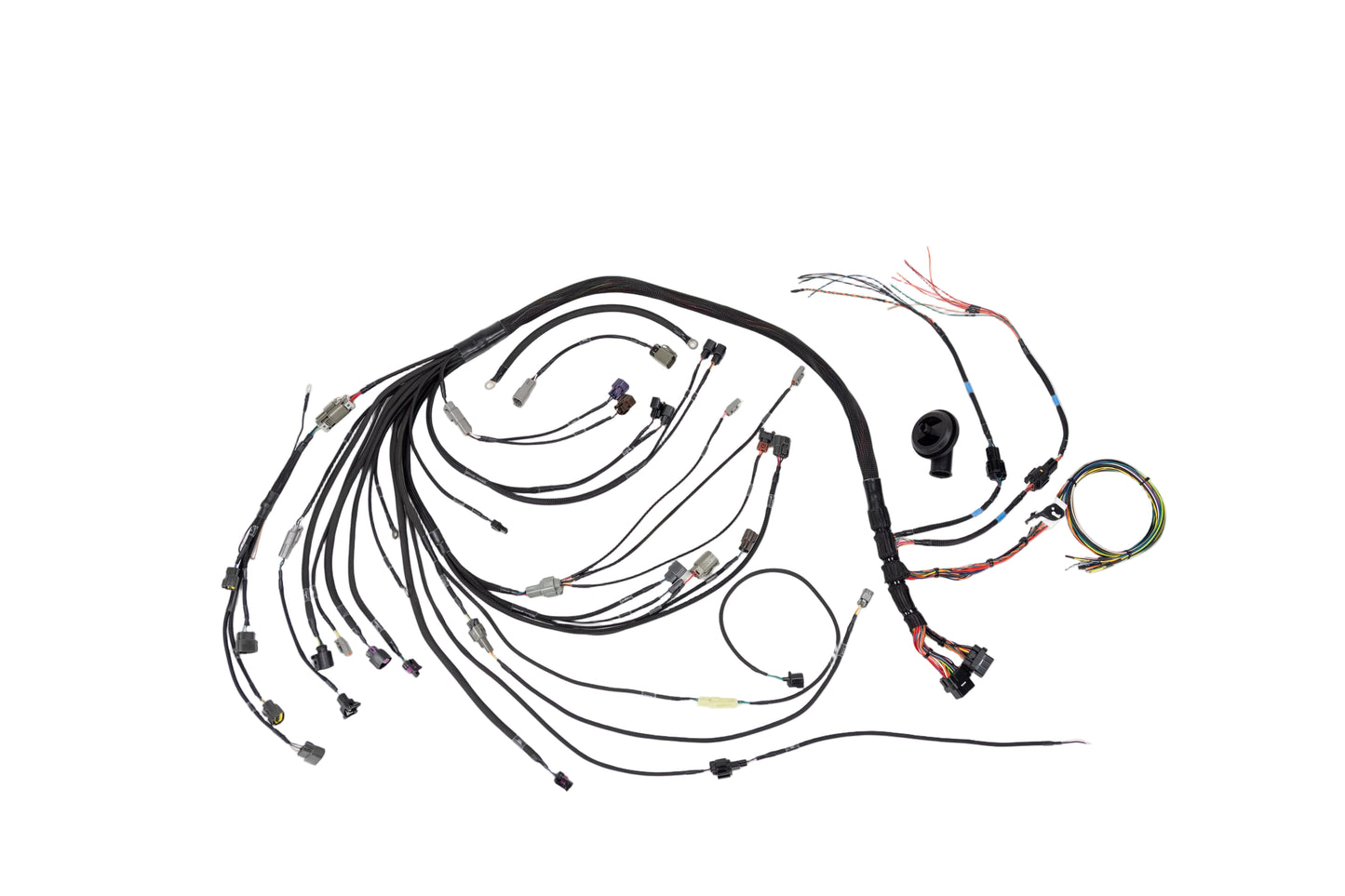 An automotive wiring harness kit with multiple black-wrapped wires, various connector types, and small attached components, laid out on a plain white background.