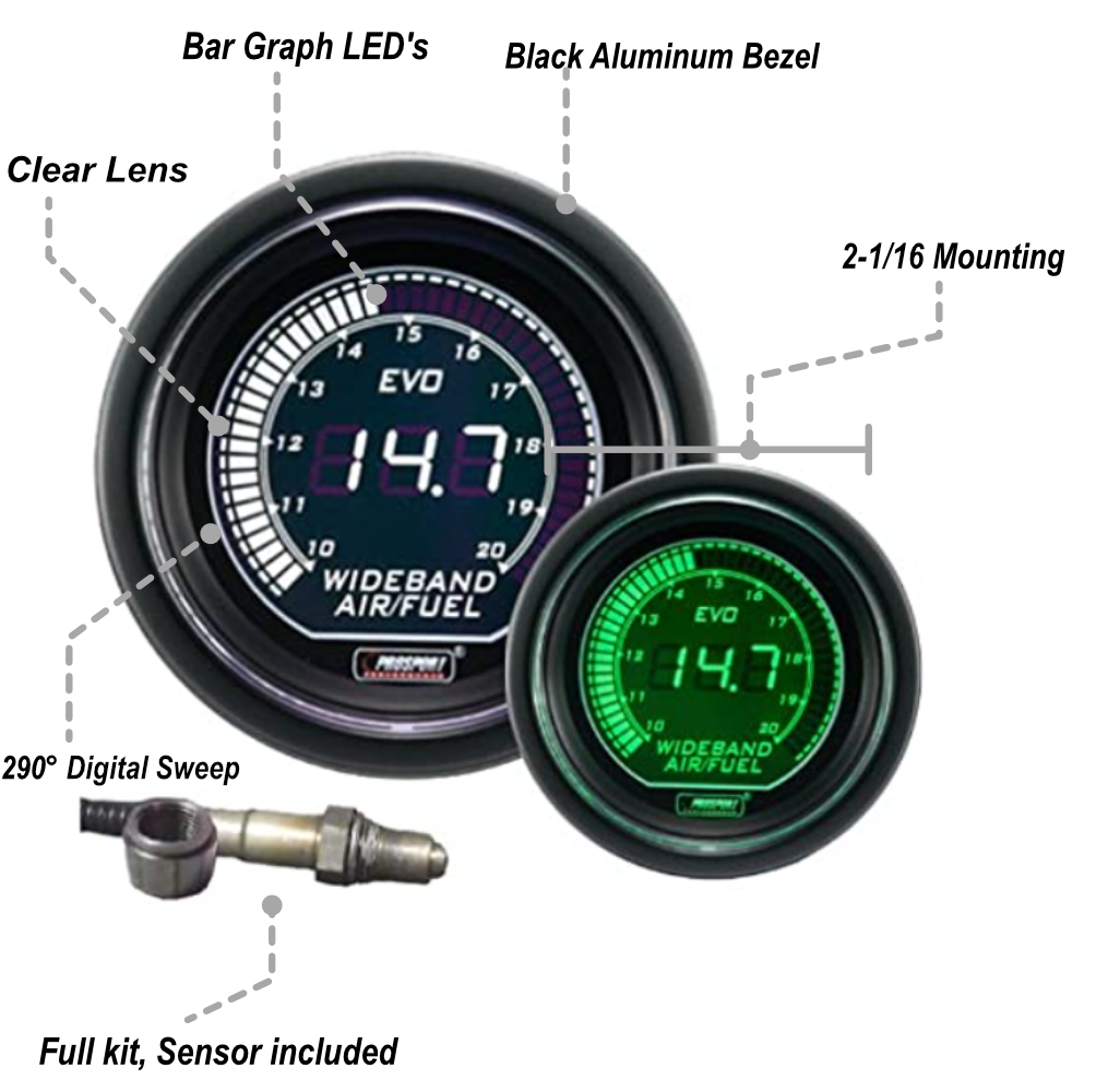 Prosport Gauges - 2-1/16" EVO Wideband White/Green Digital Air Fuel Ratio kit-