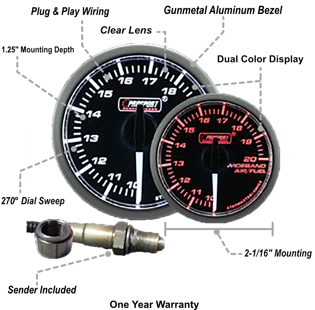 Prosport Gauges - 2-1/16" Wideband Premium White Pointer Clear Lens Air Fuel Ratio kit-Amber/White
