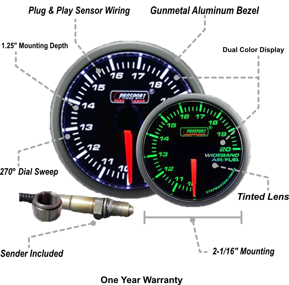 Prosport Gauges - 2-1/16" Green/White Premium Wideband Air Fuel Ratio kit