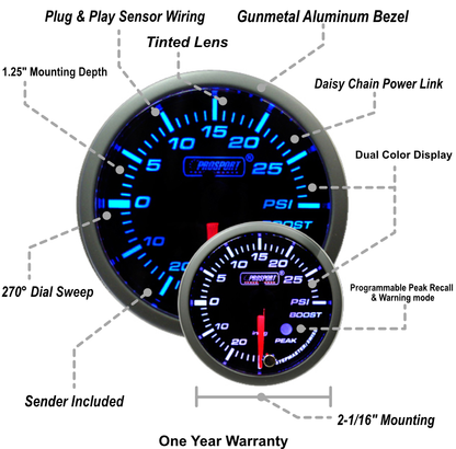 Prosport Gauges - 2-1/16" Premium Electric Boost gauge Blue/White
