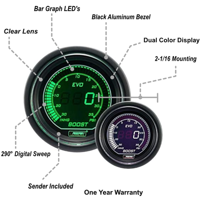 Prosport Gauges - 2-1/16" Evo Electrical Boost Gauge-Green and White