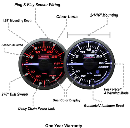 Prosport Gauges - 2-1/16" Premium White Pointer Clear Lens Boost gauge Amber/White