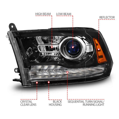 ANZO 09-18 Dodge 1500-3500 LED Plank Style Headlights w/Switchback+Sequential Hyper Black (OE Style)