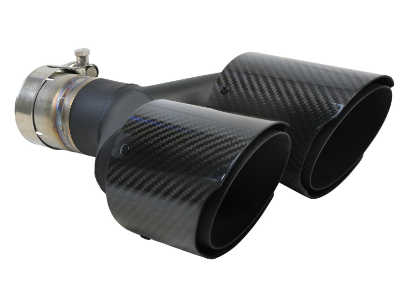 aFe Takeda 2.5in 304 Stainless Steel Clamp-on Exhaust Tip Driver side 2.5in Inlet 4in Dual-Carbon