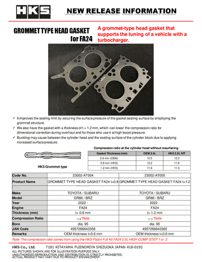 HKS Subaru FA24 0.8mm Thickness 11.8 CR Grommet Type Head Gasket