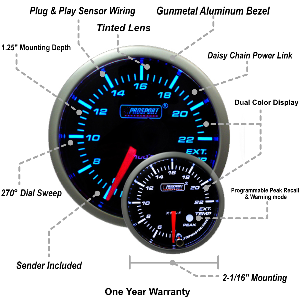 Prosport Gauges - 2-1/16" Premium EGT Gauge Blue/White