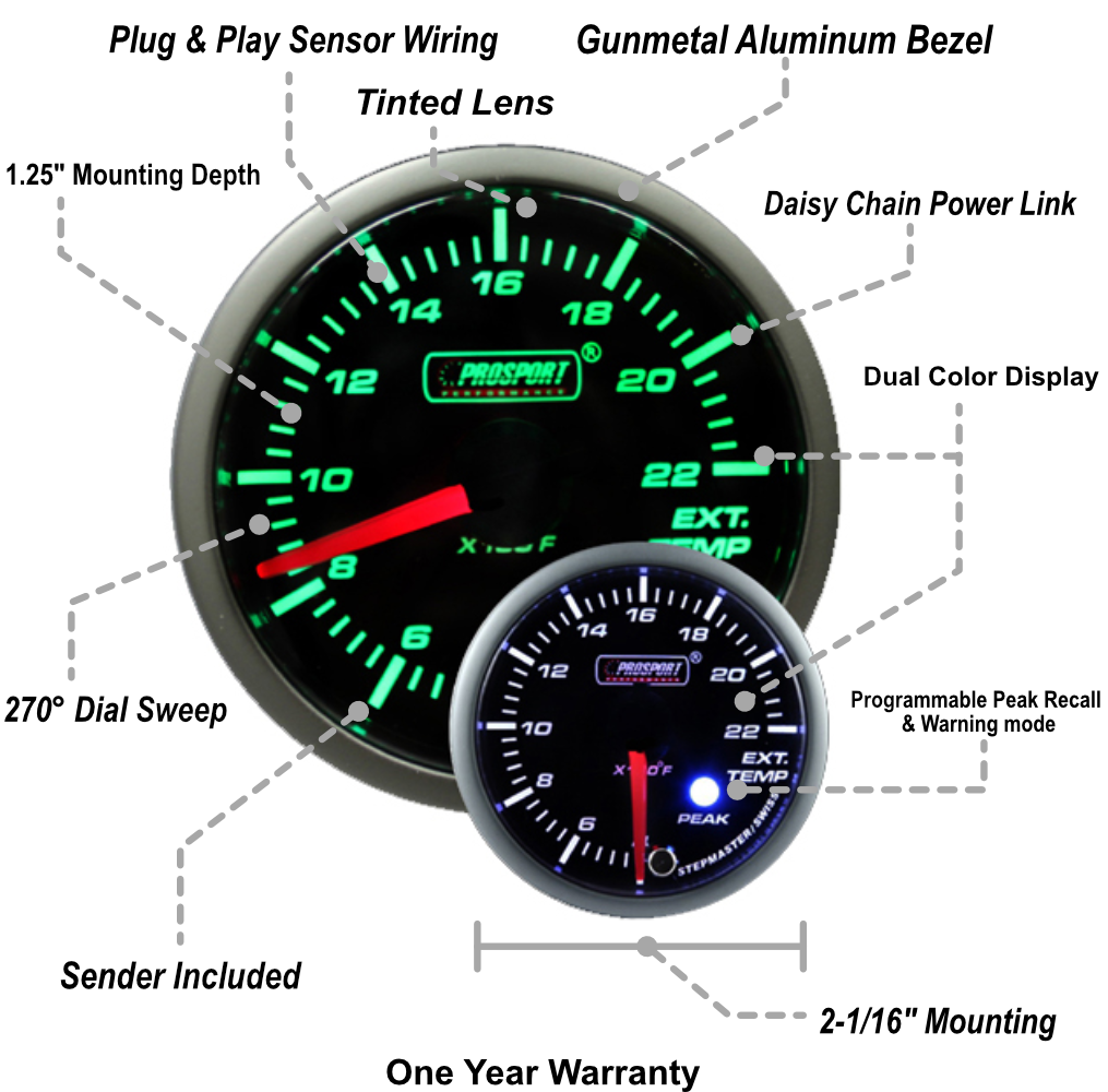 Prosport Gauges - 2-1/16" Green/White Premium EGT Gauge