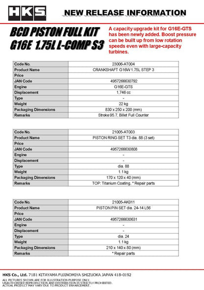 HKS BCD Piston Kit G16E 1.75L L-Comp S3 D88