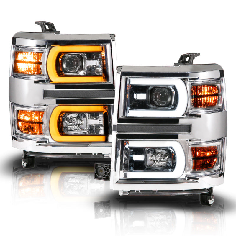 Anzo 14-15 Chevy Silverado 1500 Chrome Dual Switchback+Sequential LED Tube Sq. Projector Headlights
