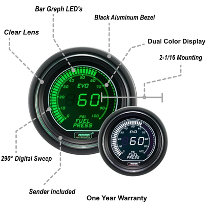 Prosport Gauges - 2-1/16" Evo Electrical White and Green Fuel Pressure Gauge